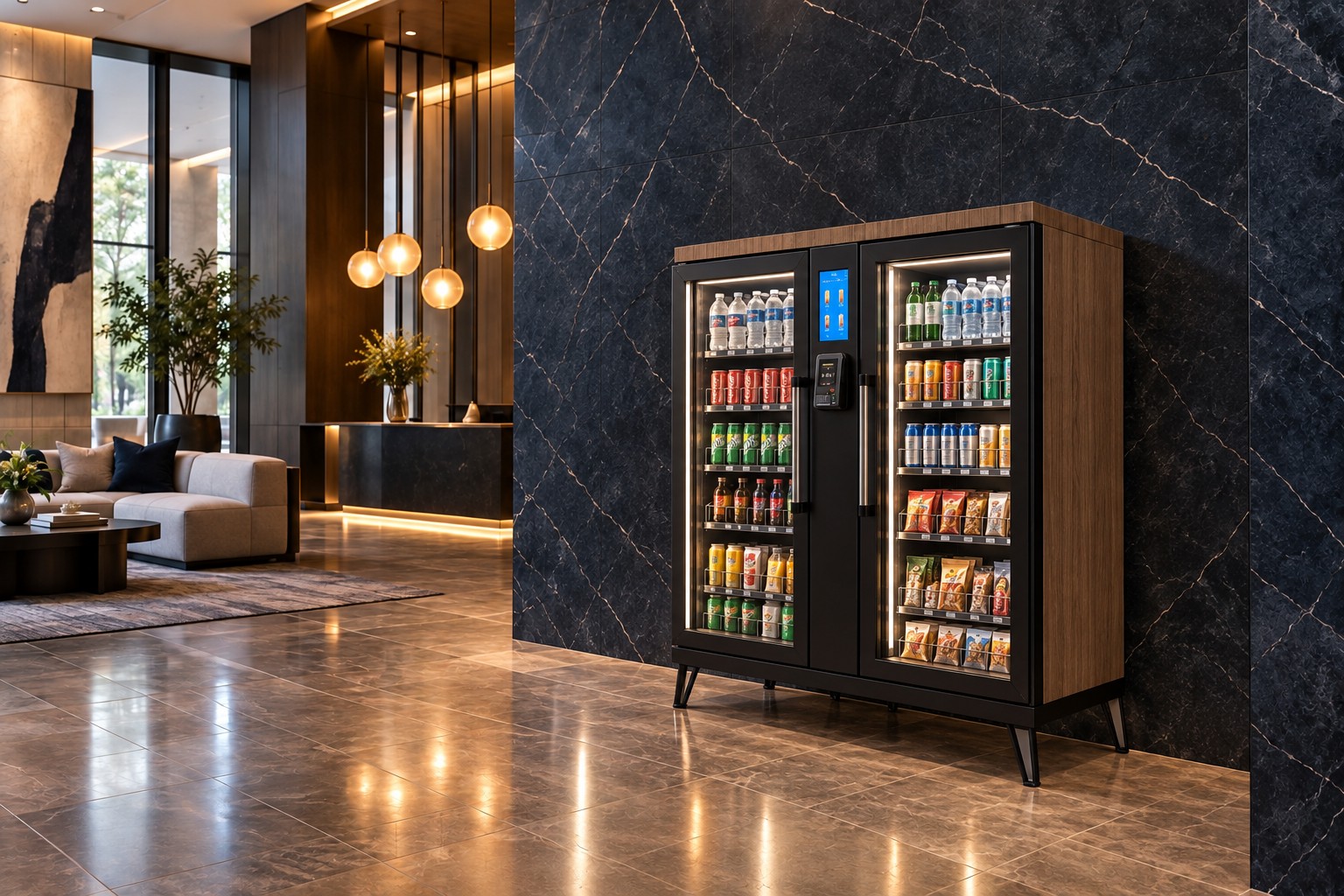 Modern self-service market in an apartment lobby